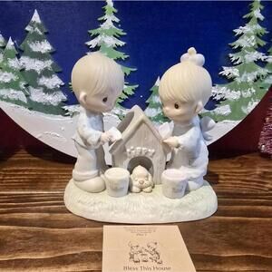 Precious Moments "Bless this House" Boy/Girl painting Dog House E-7164 w/box